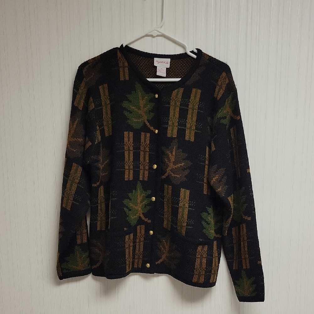Crystal Kobe, Women's Black Cardigan with Leaf Pattern Medium. Grandma cottage